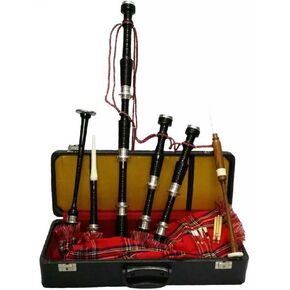 مزمار القربة المرتفعات الاسكتلندية ذو لمسة نهائية سوداء من رويال ستيوارت ترتان فضي عادي مع حقيبة حمل صلبة، كتاب مدرسي مجاني، مزمار القربة من القصب in Kuwait