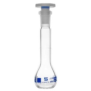 Volumetric Flask, 5ml - Class B Tolerance ±0.05ml - 10/19 Polyethylene Stopper - Single, White Graduation - Borosilicate Glass - Eisco Labs