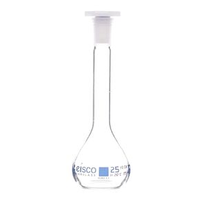 EISCO Volumetric Flask, 25ml - Class B - 10/19 Polyethylene Stopper, Borosilicate Glass - Blue Graduation, Tolerance ±0.080