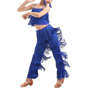 Girls 2 Pcs Latin Dance Costume Sets Tassel Camisole Tops Fringe Pants Modern Salsa Ballroom Outfits