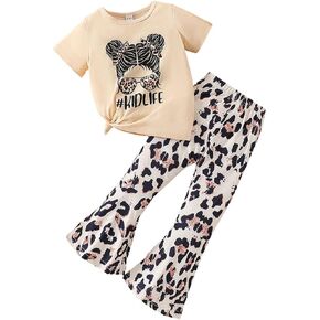 Kids Toddler Girl Clothes Letter Print Graphic Top + Leopard Print Flare Leg Pants 2PC Summer Clothing Set