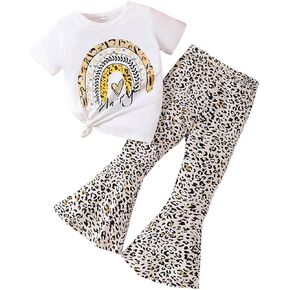 Kids Toddler Girl Clothes Letter Print Graphic Top + Leopard Print Flare Leg Pants 2PC Summer Clothing Set