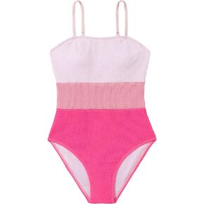 OYOANGLE Girl's One Piece Swimsuits Colorblock Sleeveless Spaghetti Straps Wireless Swimwear