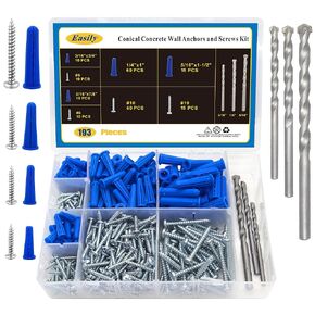 190 Pcs Wall Anchors and Screws for Drywall, Conical Concrete Wall Anchors and Screws Assortment Kit, Blue Conical Anchor and Self Tapping Screw with 3 Pcs Masonry Drill Bits