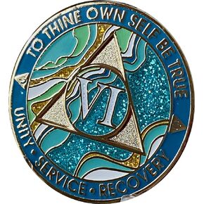 6 Year AA Medallion Elegant Marble Caribbean Aqua Glitter Blue Gold Plated Chip