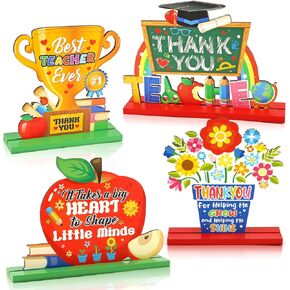 HOWAF 4pcs Teacher Appreciation Week Table Decoration Centerpieces,Thank You Teachers Wooden Sign Teacher Appreciate Gift for Home School Classrooms Desks Decor,End of School Year Gift for Teachers