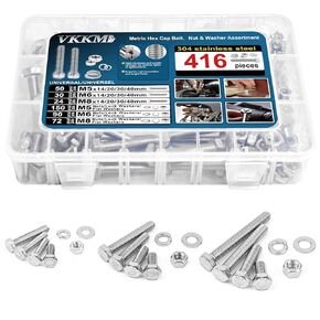416 pcs Stainless Steel Hex Cap Bolt and Nut Assortment Kit, Assorted Metric Screws, Nuts & Washers Set, M5/M6/M8, Reusable Storage Case with Adjustable Dividers