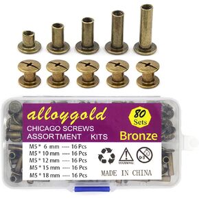 Alloygold 120 Pcs M5 x 6/10/20/30/40/50 Bronze Phillips Chicago Screws Binding Screw Posts,Scrapbook Photo Albums Binding Screws Assorted Kit 6 Sizes for Leather Saddles Purses Belt Repair