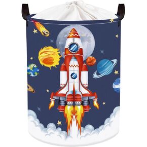 Clastyle 45L Space Planets Rocket Launch Laundry Hamper for Boy Blue Meteorite Round Toy Clothes Storage Basket for Nursery Room