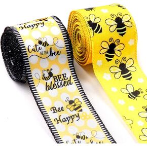 2pcs World Bee Day Fabric Ribbons Spring Bumblebee Ribbons Springtime Animals Decor Ribbon for World Bee Festival Gift Wrapping Outdoor Hanging Party Decoration Supplies (2.5 Inch * 5 Yards * 2 Rolls)