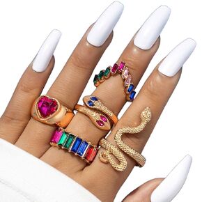 5PCS Gold Rings Set for Women Vintage Snake Knuckle Stackable Rings Bohemian Crystal Heart Finger Rings Blue Rhinestone Rings Geometric Cubic Zirconia Crystal Rings Jewelry for Teen Girls Gifts (Blue)