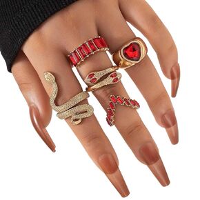 5PCS Gold Rings Set for Women Vintage Snake Knuckle Stackable Rings Bohemian Crystal Heart Finger Rings Blue Rhinestone Rings Geometric Cubic Zirconia Crystal Rings Jewelry for Teen Girls Gifts (Blue)