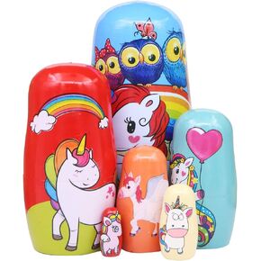 Winterworm Set of 6 Lovely Unicorn Wooden Russian Nesting Dolls Matryoshka Doll for Home Decoration Kids Stacking Dolls Toy Birthday