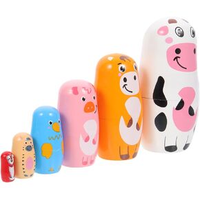 6 Layers Russian Nesting Dolls Cow Pig Duck Matryoshka Dolls Wooden Animal Figurine Matryoshka Wooden Toys for Children Kids Winter Party Wishing Gifts