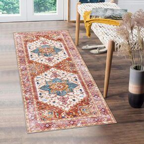 Washable Runner Rug, 2x5 Non-Slip Boho Vintage Hallway Rug Runner with Rubber Backing, Stain Resistant Distressed Carpet Runner for Bedroom, Kitchen, Laundry, Entrance