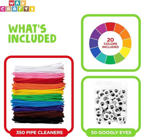 400 قطعة - 350 منظف أنابيب بـ 20 لونًا + 50 عين جوجلي - مجموعة سيقان شانيل للحرف اليدوية وديكورات المنزل (12 بوصة × 6 مم) in Kuwait