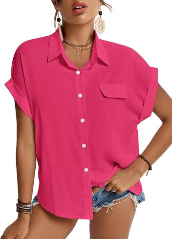 LYANER Women's Casual Collared Rolled Up Cap Sleeves Button Down Work Blouse Shirt Tops in Saudi Arabia