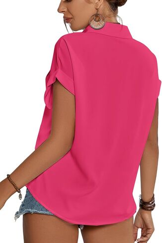 LYANER Women's Casual Collared Rolled Up Cap Sleeves Button Down Work Blouse Shirt Tops in Saudi Arabia