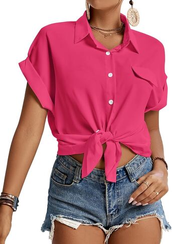 LYANER Women's Casual Collared Rolled Up Cap Sleeves Button Down Work Blouse Shirt Tops in Saudi Arabia