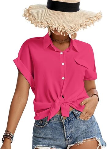 LYANER Women's Casual Collared Rolled Up Cap Sleeves Button Down Work Blouse Shirt Tops in Saudi Arabia