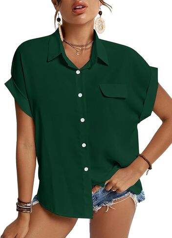 LYANER Women's Casual Collared Rolled Up Cap Sleeves Button Down Work Blouse Shirt Tops in Saudi Arabia