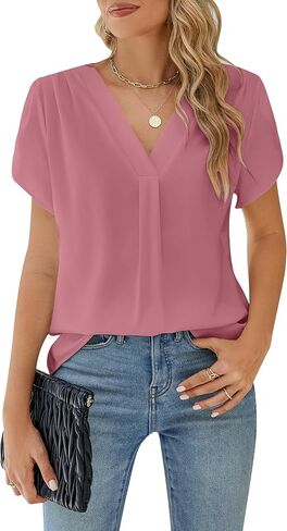 BMJL Women's Dressy Casual Blouses White Business Work Tops Petal Short Sleeve V Neck T Shirt Summer Outfits 2024 in Saudi Arabia