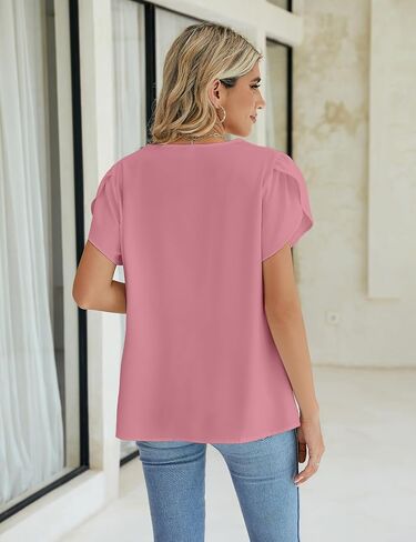 BMJL Women's Dressy Casual Blouses White Business Work Tops Petal Short Sleeve V Neck T Shirt Summer Outfits 2024 in Saudi Arabia