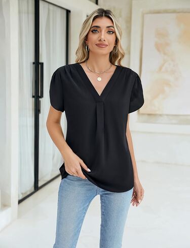 BMJL Women's Dressy Casual Blouses White Business Work Tops Petal Short Sleeve V Neck T Shirt Summer Outfits 2024 in Saudi Arabia