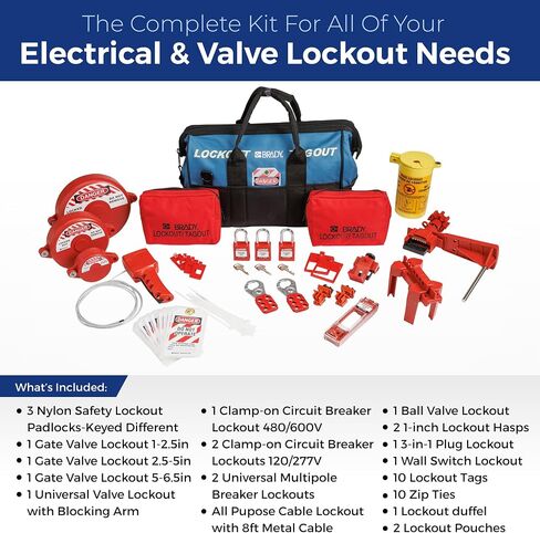 مجموعة BRADY Lockout Tagout - صمامات البوابة، والصمامات الكروية، والمقابس الكهربائية، وقواطع الدائرة. تتضمن 3 أقفال مختلفة ذات مفاتيح حمراء، وقفل للكابل، ومشبك، وعلامات قفل أمان (مفتاح واحد لكل قفل) - 153672، أزرق in Saudi Arabia