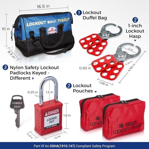 مجموعة BRADY Lockout Tagout - صمامات البوابة، والصمامات الكروية، والمقابس الكهربائية، وقواطع الدائرة. تتضمن 3 أقفال مختلفة ذات مفاتيح حمراء، وقفل للكابل، ومشبك، وعلامات قفل أمان (مفتاح واحد لكل قفل) - 153672، أزرق in Saudi Arabia