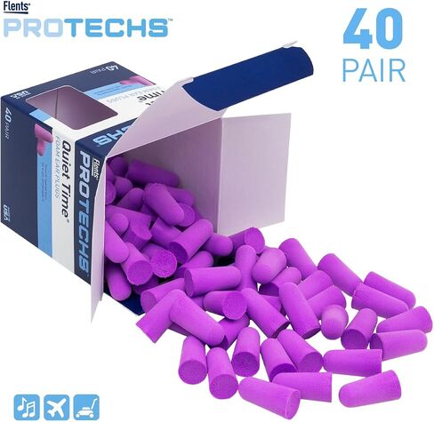 Flents Foam Ear Plugs, 40 Pair for Sleeping, Snoring, Loud Noise, Traveling, Concerts, Construction, & Studying, NRR 33, Purple, Made in The USA in Saudi Arabia