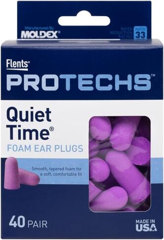 Flents Foam Ear Plugs, 40 Pair for Sleeping, Snoring, Loud Noise, Traveling, Concerts, Construction, & Studying, NRR 33, Purple, Made in The USA in Saudi Arabia