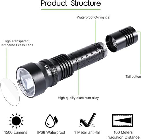 APLOS AP15 1500LM Diving Flashlight with 5 Modes, IPX8 Waterproof Professional Dive Light in Kuwait