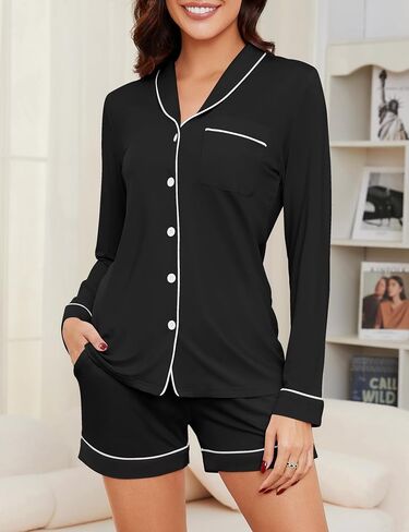 Womens Pajama Sets Long Sleeve Top and Shorts Soft 2 Piece Button Down Loungewear in Saudi Arabia