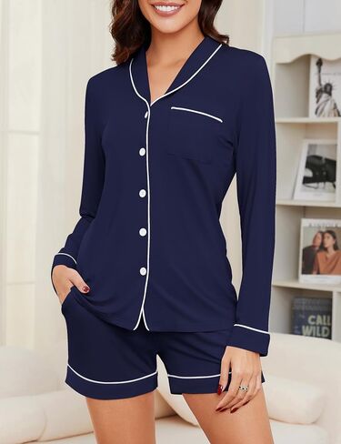 Womens Pajama Sets Long Sleeve Top and Shorts Soft 2 Piece Button Down Loungewear in Saudi Arabia
