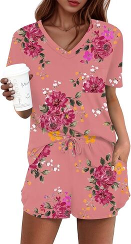 أطقم بيجامات نسائية من DB MOON مكونة من قطعتين بيجامات قصيرة لطيفة مع جيوب ملابس نوم in Kuwait