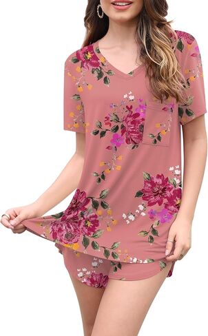أطقم بيجامات نسائية من DB MOON مكونة من قطعتين بيجامات قصيرة لطيفة مع جيوب ملابس نوم in Kuwait