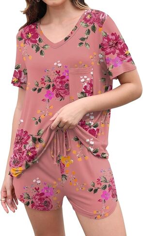أطقم بيجامات نسائية من DB MOON مكونة من قطعتين بيجامات قصيرة لطيفة مع جيوب ملابس نوم in Kuwait