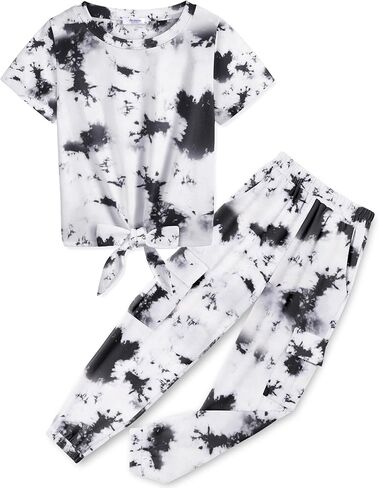 Arshiner Girls 2 Piece Outfits Short Sleeve Tie Knot Front Tee Tops and Cargo Jogger Pants Set Kids Clothing Sets in Saudi Arabia