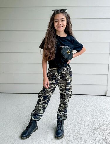 Arshiner Girls 2 Piece Outfits Short Sleeve Tie Knot Front Tee Tops and Cargo Jogger Pants Set Kids Clothing Sets in Saudi Arabia