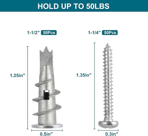 مجموعة 80 قطعة من مرساة ومسامير الحوائط الجافة، مرساة ذاتية الحفر، 40 قطعة من مرساة الحائط شديدة التحمل و40 قطعة من البراغي للجدران الجافة، الألواح الصخرية، الجدار المجوف، جدار الجص، تحمل ما يصل إلى 75 رطل #8 × 1-1/2 in Kuwait