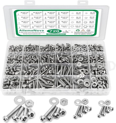 مجموعة متنوعة من الصواميل والمسامير 720 قطعة، 4-40#6-32#8-32#10-24 تشكيلة رأس مقلاة فيليبس من الفولاذ المقاوم للصدأ وصواميل وغسالات مسطحة ومسامير مع حافظة in Kuwait