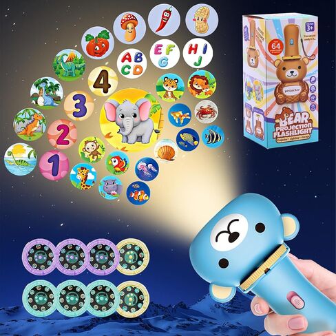 Toddler Toy Flashlight Projector - Kids Christmas-Toys Flashlight Learning for Boys Girls Age 3 4 5, 64 Fruits Car Animals Dinosaurs Numbers 26 Letter Patterns, Nightlight Toy for Cognition Bedtime in Kuwait