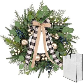 24 Inch Christmas Wreath: Includes Buffalo Plaid Bow & Zipped Storage Bag - Silver Apple Berry Lush Foliage Wreaths for Front Door - Perfect Easy Keep for Year-Round Use in Saudi Arabia