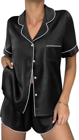 Ekouaer Womens Satin Silk Pajamas for Women Set Button Down Short Sleeve Top and Split Shorts Pjs Sets Soft Sleepwear S-XXL in Saudi Arabia