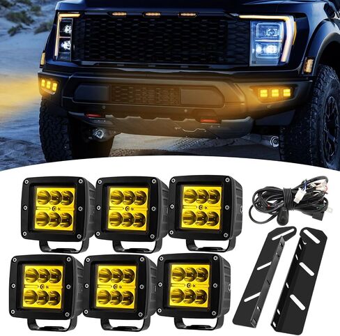 Wsays 6 x Amber LED Cube Fog light Pod & Hidden Bumper Mounting Bracket w/Wiring Kit Compatible with Ford F150 Raptor (Fit Raptor 3rd Generation) 2021-2024 in Saudi Arabia