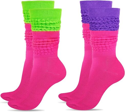 2 أزواج جوارب ترهل نيون للنساء 80s 90s جوارب نسائية طويلة للغاية لتدفئة الساق عالية الركبة ملابس حفلات نيون in Kuwait