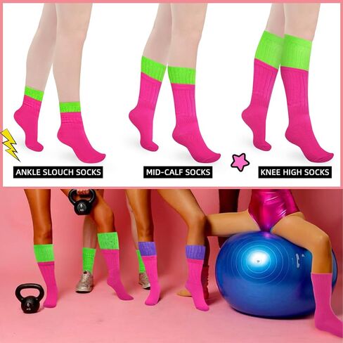 2 أزواج جوارب ترهل نيون للنساء 80s 90s جوارب نسائية طويلة للغاية لتدفئة الساق عالية الركبة ملابس حفلات نيون in Kuwait