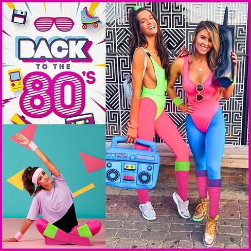 2 أزواج جوارب ترهل نيون للنساء 80s 90s جوارب نسائية طويلة للغاية لتدفئة الساق عالية الركبة ملابس حفلات نيون in Kuwait