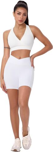Women's Biker Shorts Crossover High Waisted Athletic Shorts Workout Running Yoga Gym Shorts with Two Side Pockets in Saudi Arabia